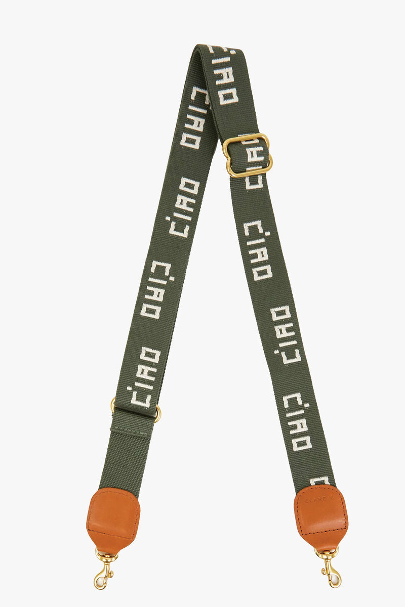 Clare Vivier Adjustable Crossbody Strap in Army w Cream Embroidered Ciao