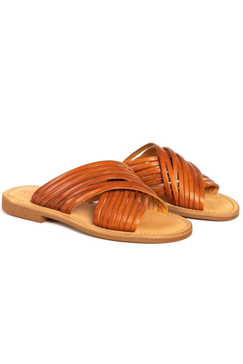 Cocobelle Mantua Crisscross Camel Brown Leather Sandals