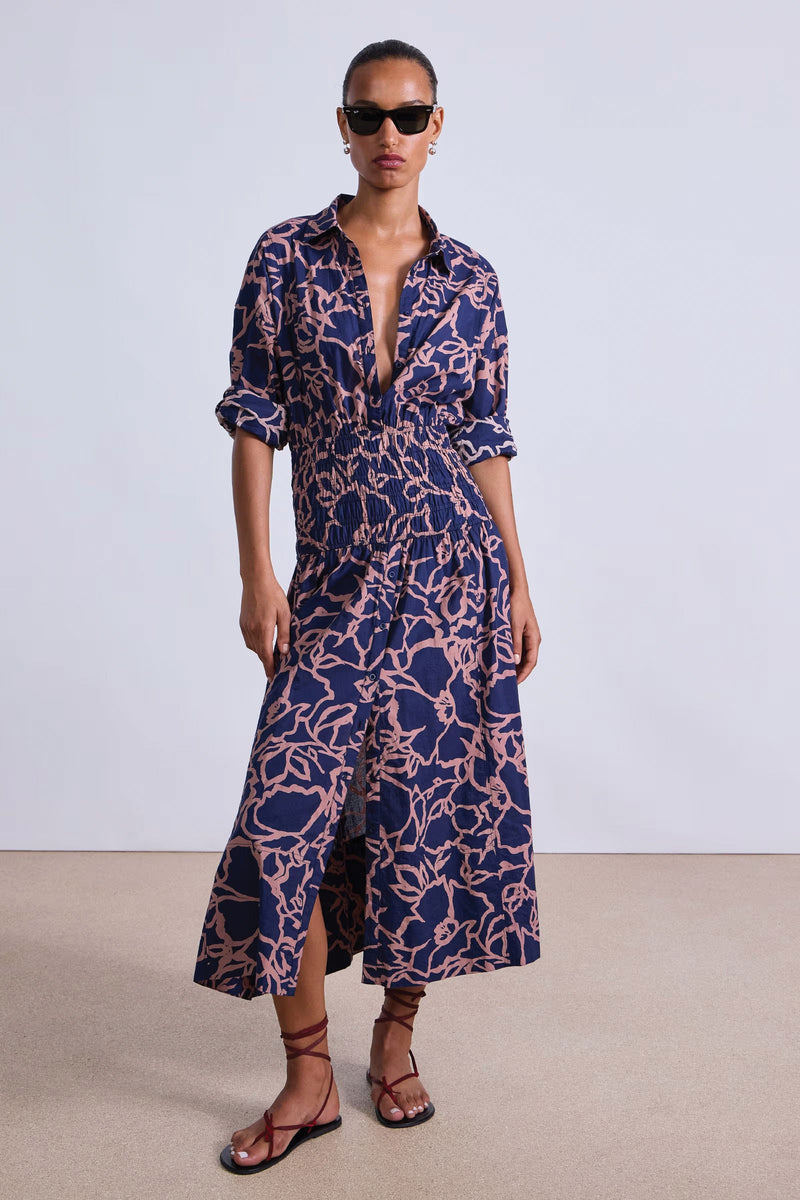 Apiece Apart Sophia Smocked Shirt Dress in Large Lace Floral Navy