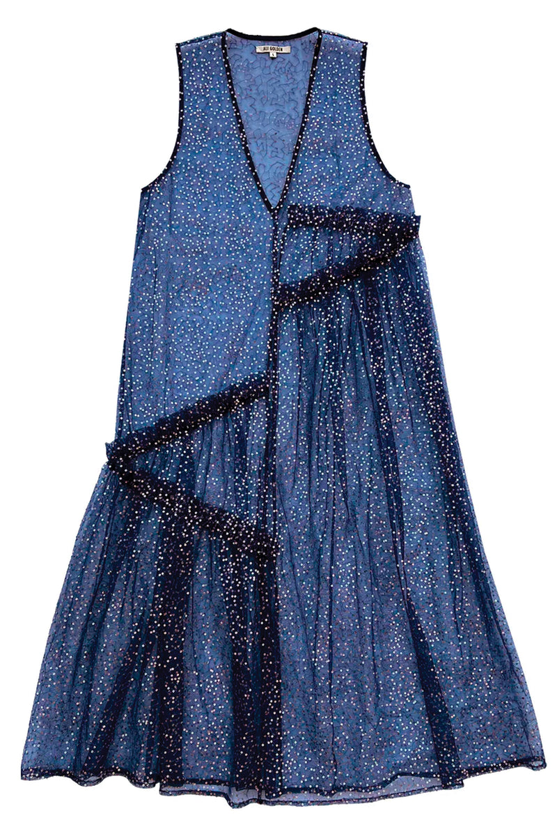 Ali Golden New V-Neck Dress with Ruffles and Blue/Silver Sequins
