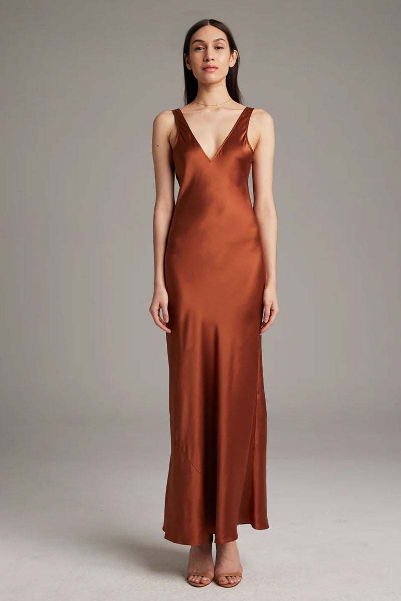 Voz Double V-Neck Bias Slip Dress in Rust