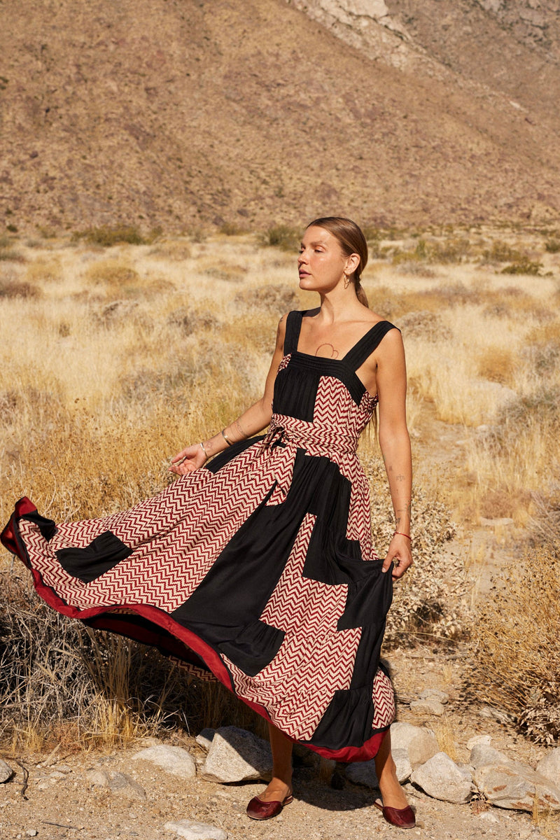 Natalie Martin Jasmine Print Noire Zig Zag Block Dress W/Sash