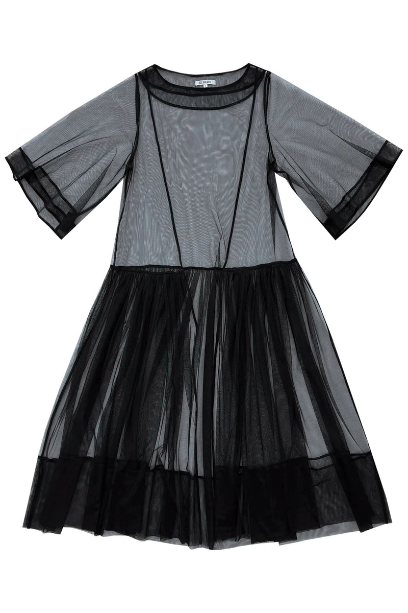 Ali Golden Side Ruffle Mesh Dress in Black