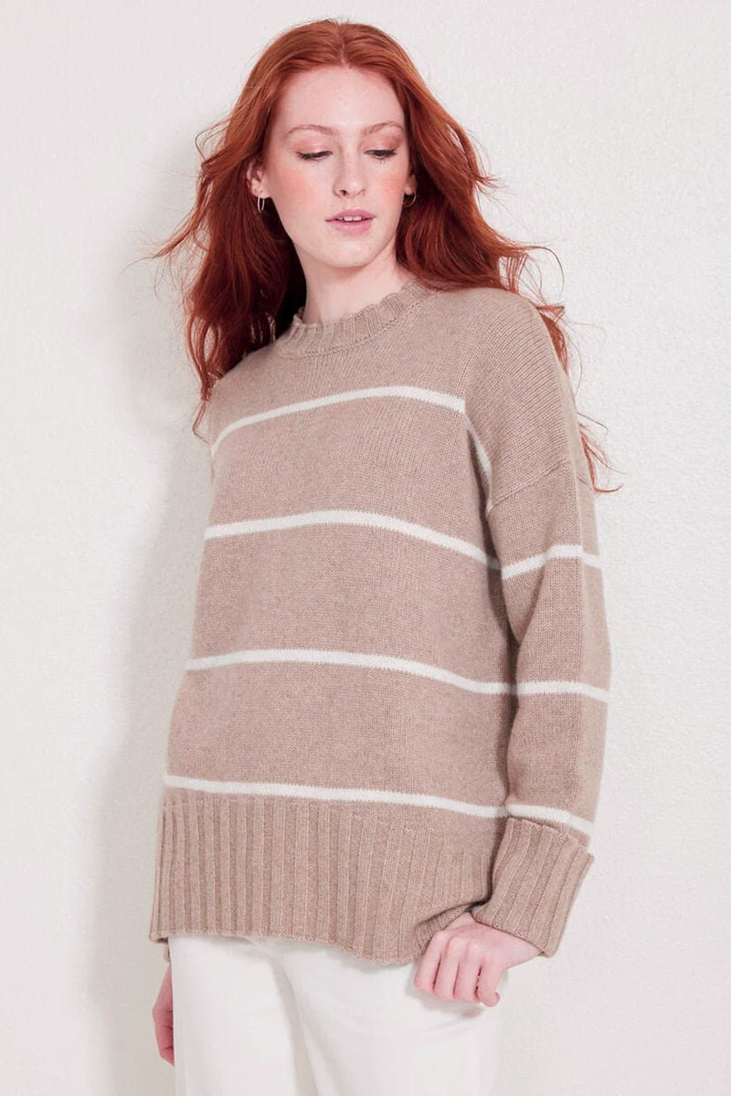 Not Monday Mila Crewneck Latte and Light Grey Stripe