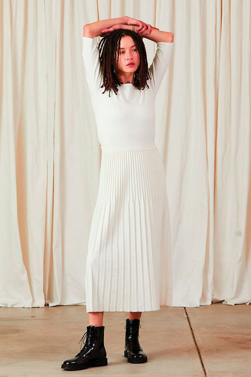 Ali Golden Knit Pleated Midi Skirt Cream