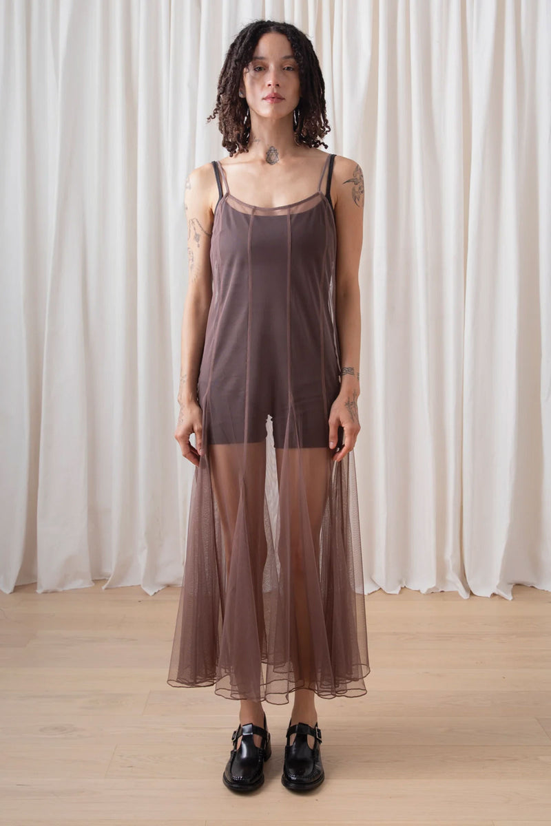 Ali Golden Paneled Mesh Dress in Taupe