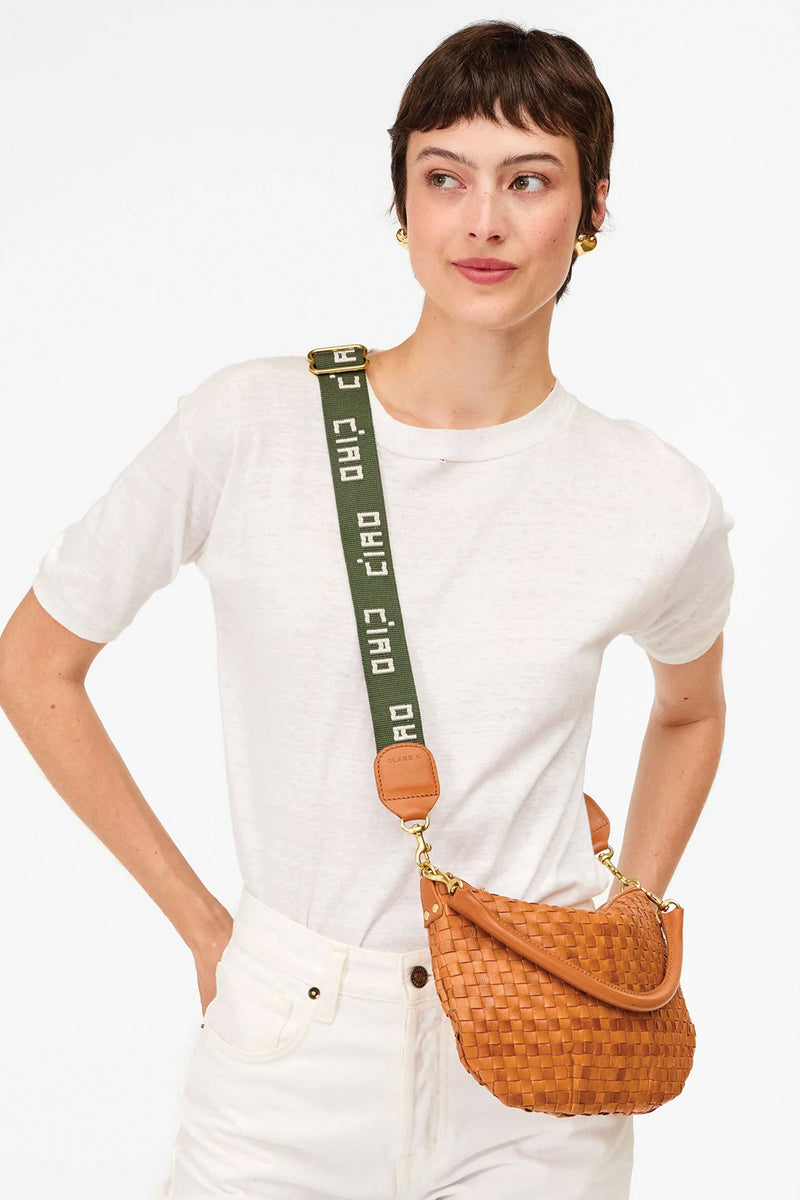 Clare Vivier Adjustable Crossbody Strap in Army w Cream Embroidered Ciao
