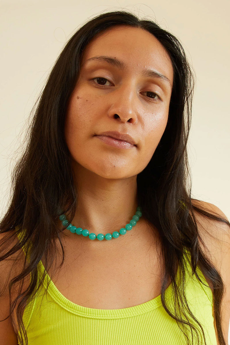 Clare V Beaded Glass Strand Necklace 16" in Aqua/Vintage Gold