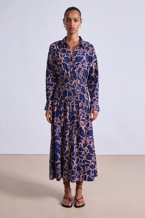 Apiece Apart Sophia Smocked Shirt Dress in Large Lace Floral Navy