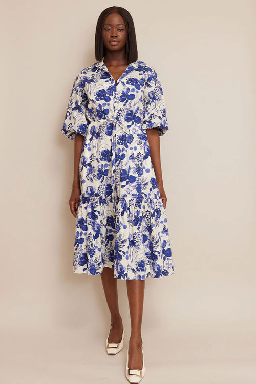 Cara Cara Hutton Dress in Eve Blue Hanging Orchids