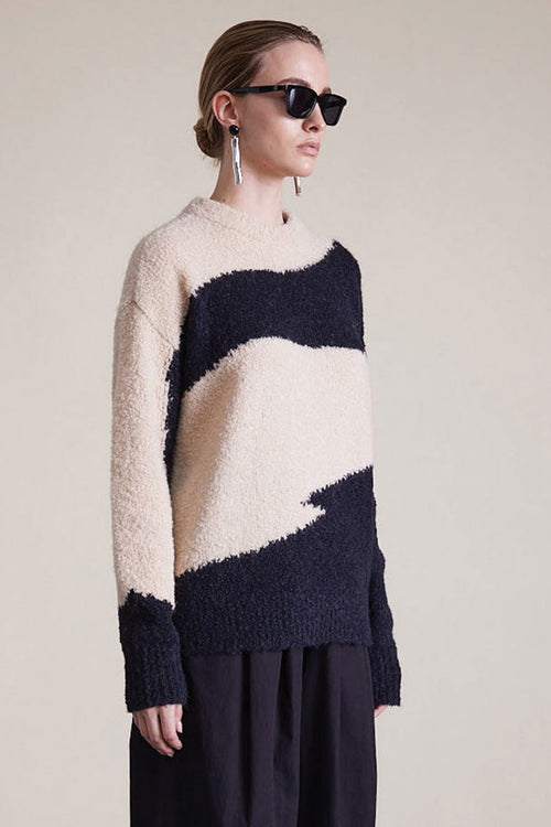 Apiece Apart Elle Textured Crew Sweater in Cream and Black