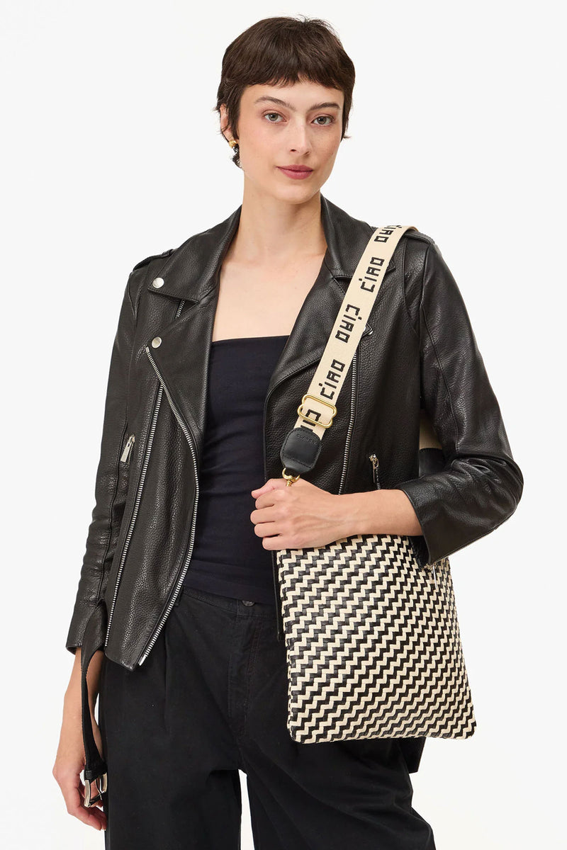 Clare Vivier Adjustable Crossbody Strap in Natural w/ Black Embroidered Ciao