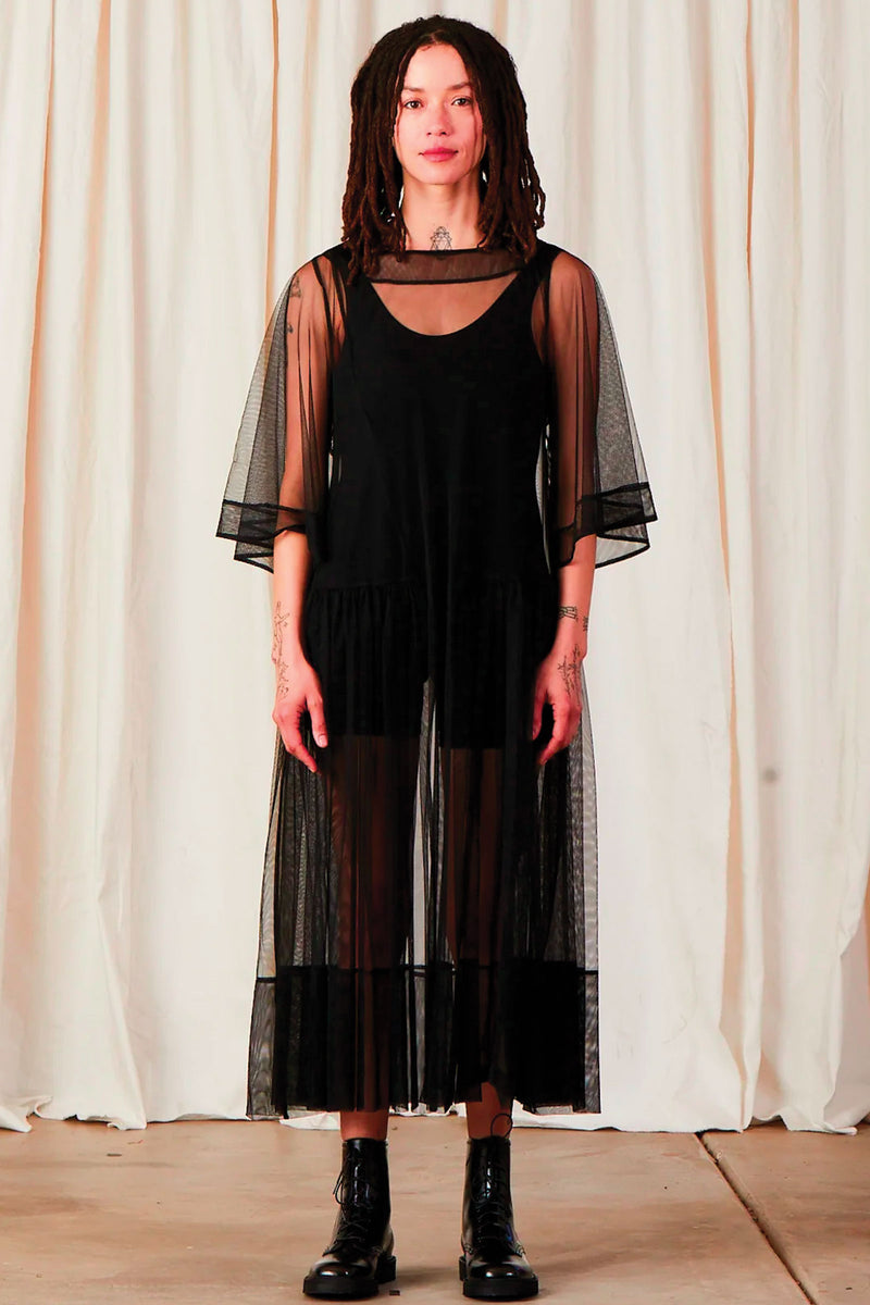 Ali Golden Side Ruffle Mesh Dress in Black