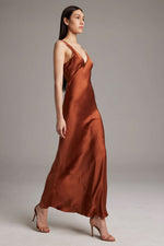 Voz Double V-Neck Bias Slip Dress in Rust