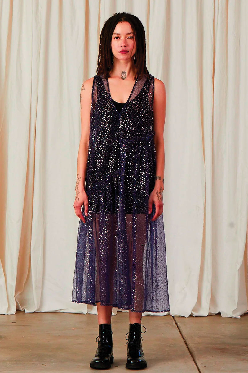 Ali Golden New V-Neck Dress with Ruffles and Blue/Silver Sequins