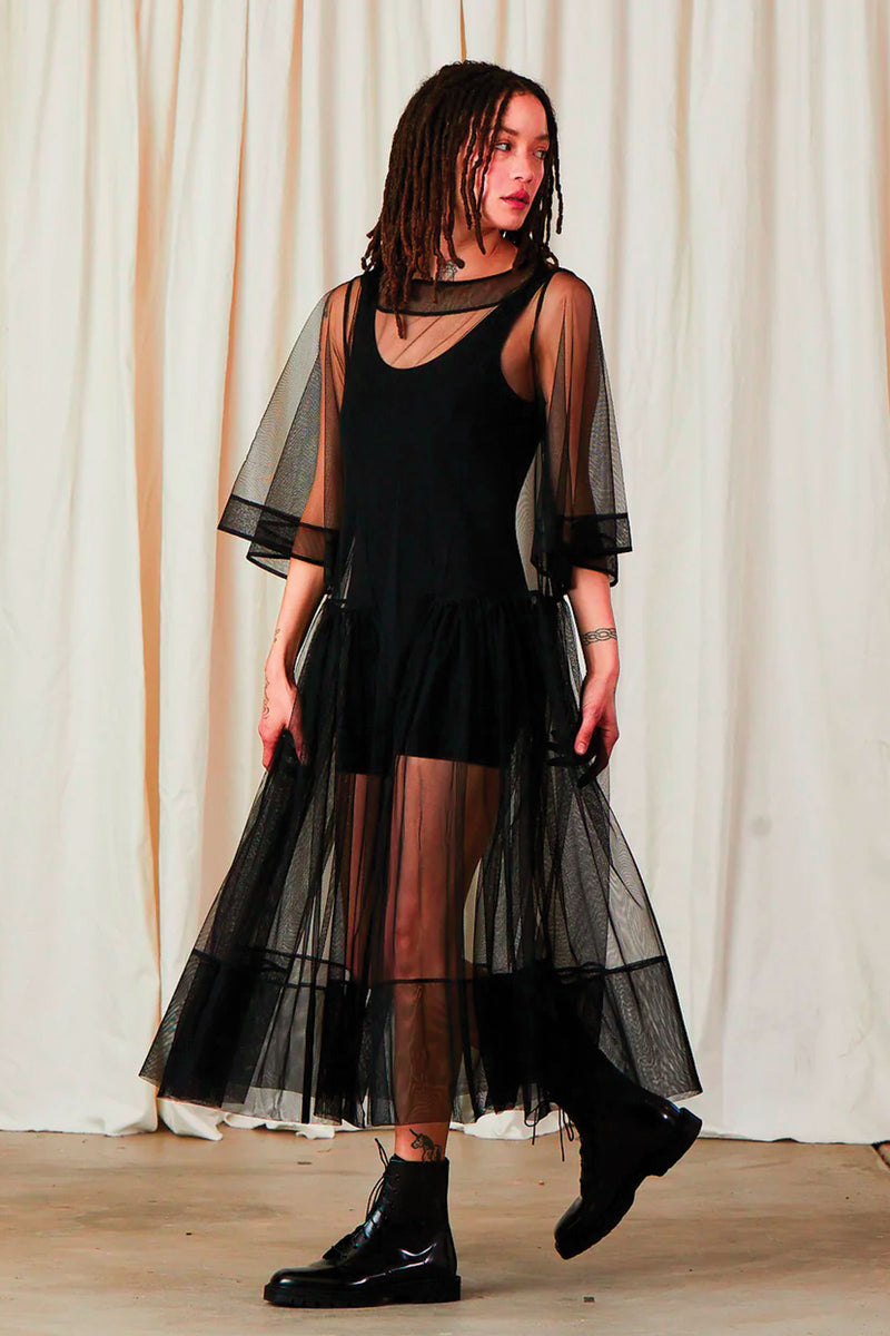 Ali Golden Side Ruffle Mesh Dress in Black