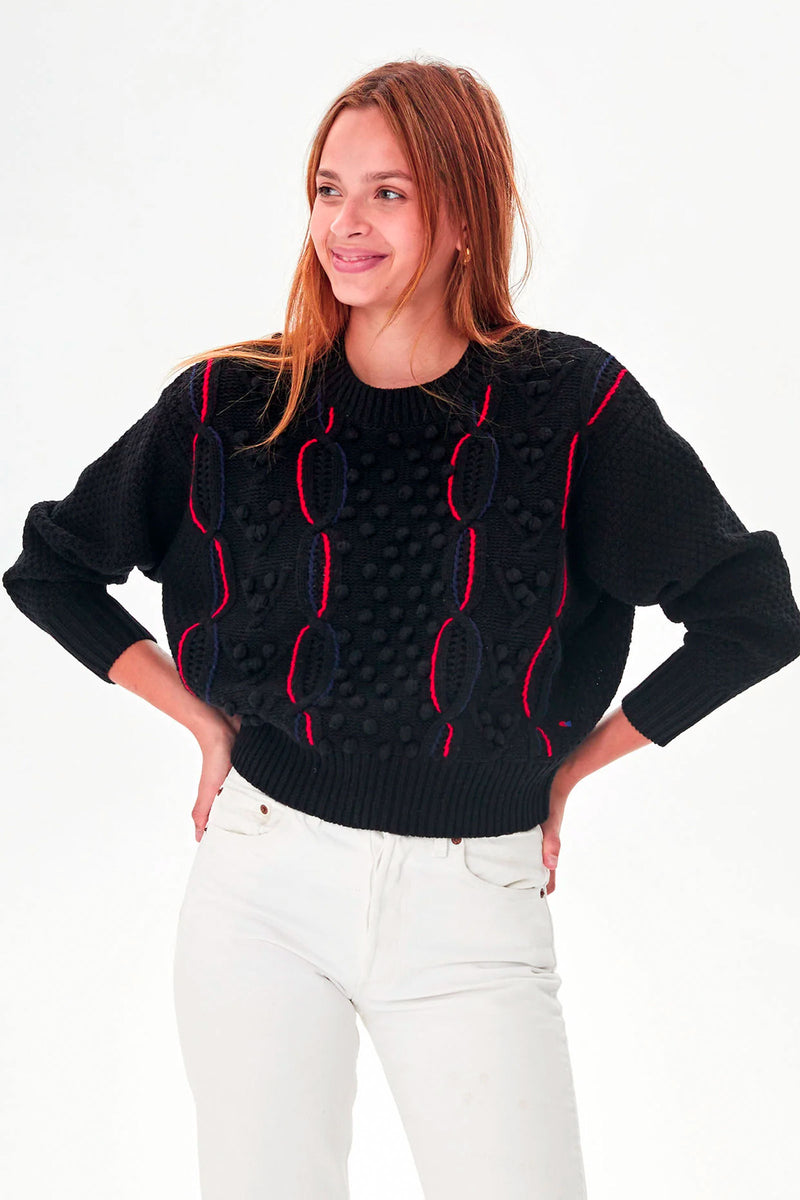 Clare Vivier Drop Shoulder Sweater in Black Cotton Cashmere w/ Navy & Poppy Chains
