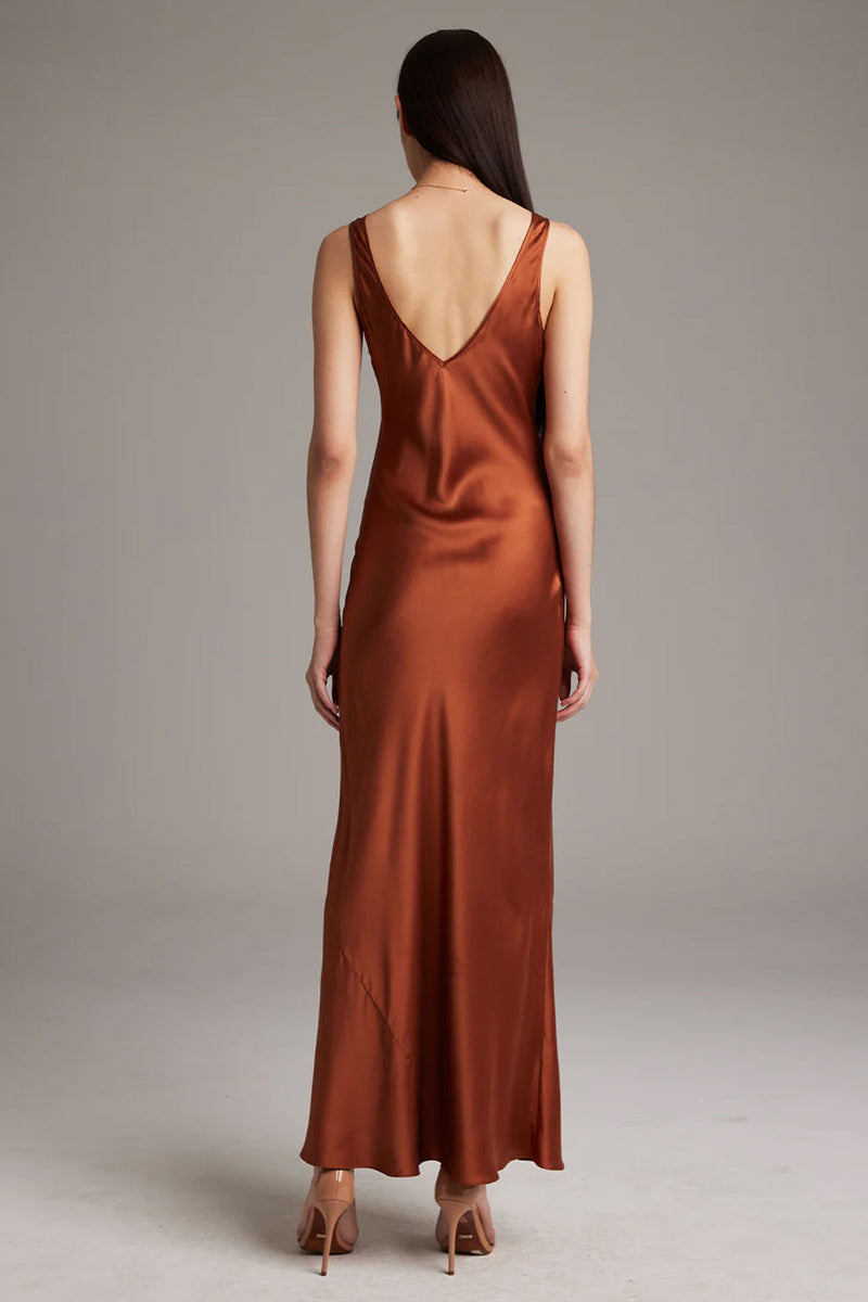 Voz Double V-Neck Bias Slip Dress in Rust