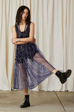 Ali Golden New V-Neck Dress with Ruffles and Blue/Silver Sequins