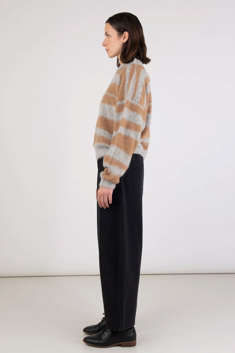 Micaela Greg Brushed Pullover in Camel and Heather Grey Stripe Sweater