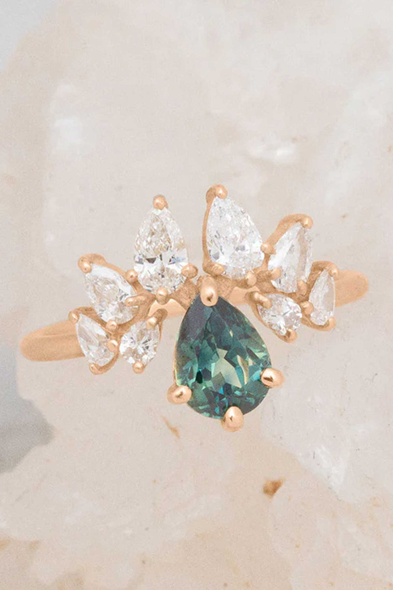 Valley Rose Paradisus Ring with Teal Sapphire and White Diamonds