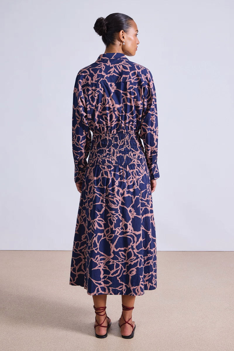 Apiece Apart Sophia Smocked Shirt Dress in Large Lace Floral Navy