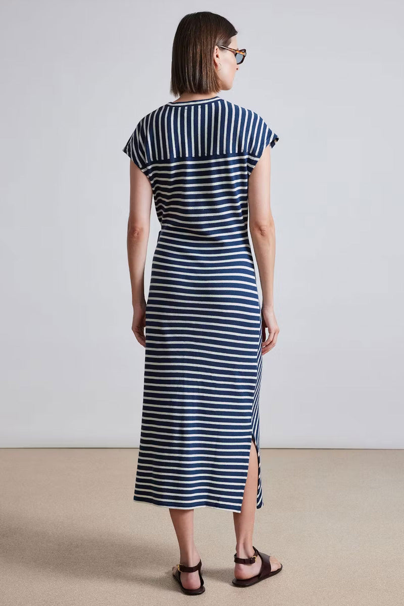 Apiece Apart Vanina Cinched Waist Dress in Navy and Cream Stripe