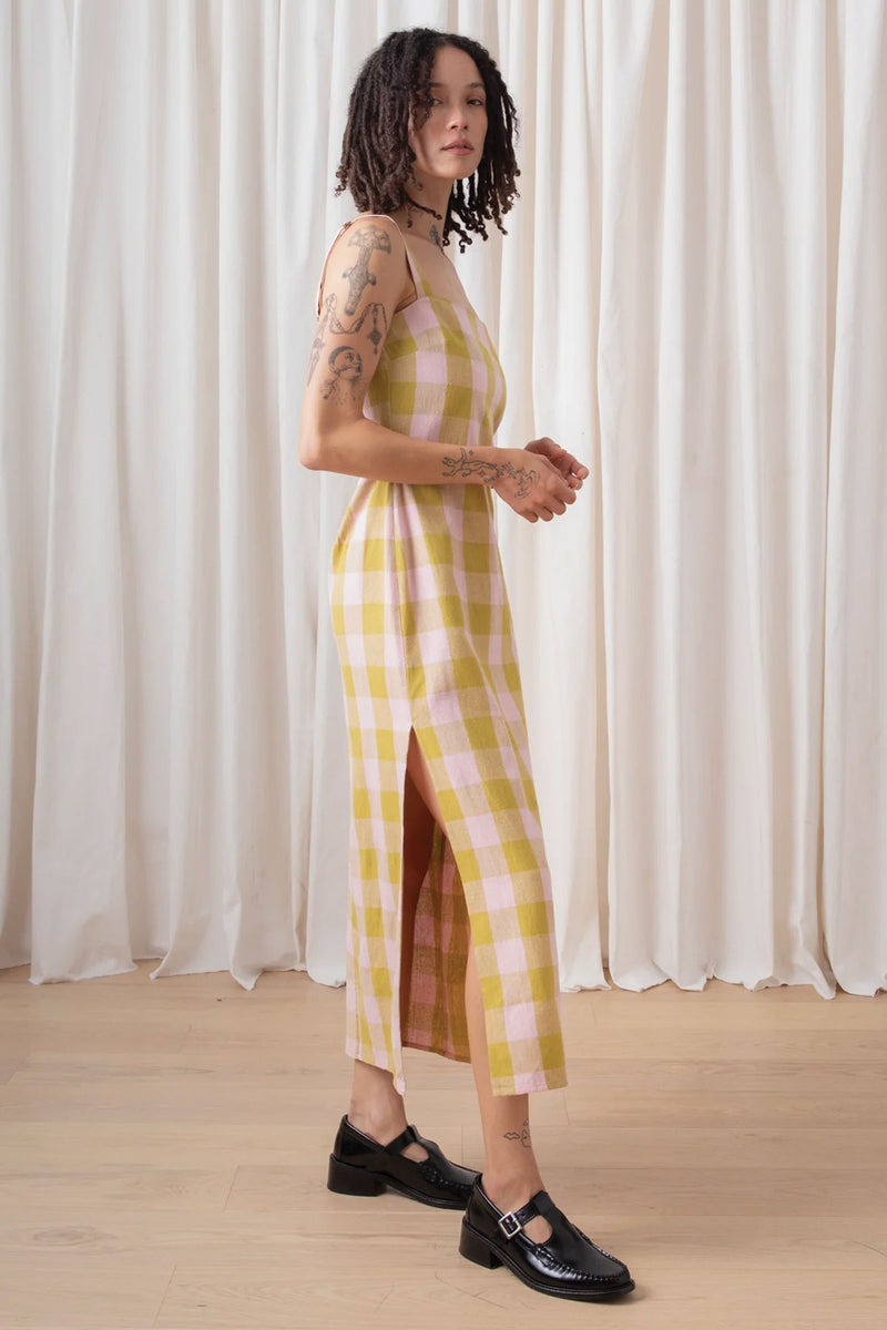 Ali Golden Column Dress in Chartreuse/Pink