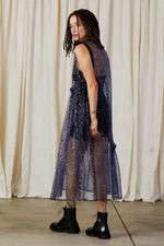 Ali Golden New V-Neck Dress with Ruffles and Blue/Silver Sequins