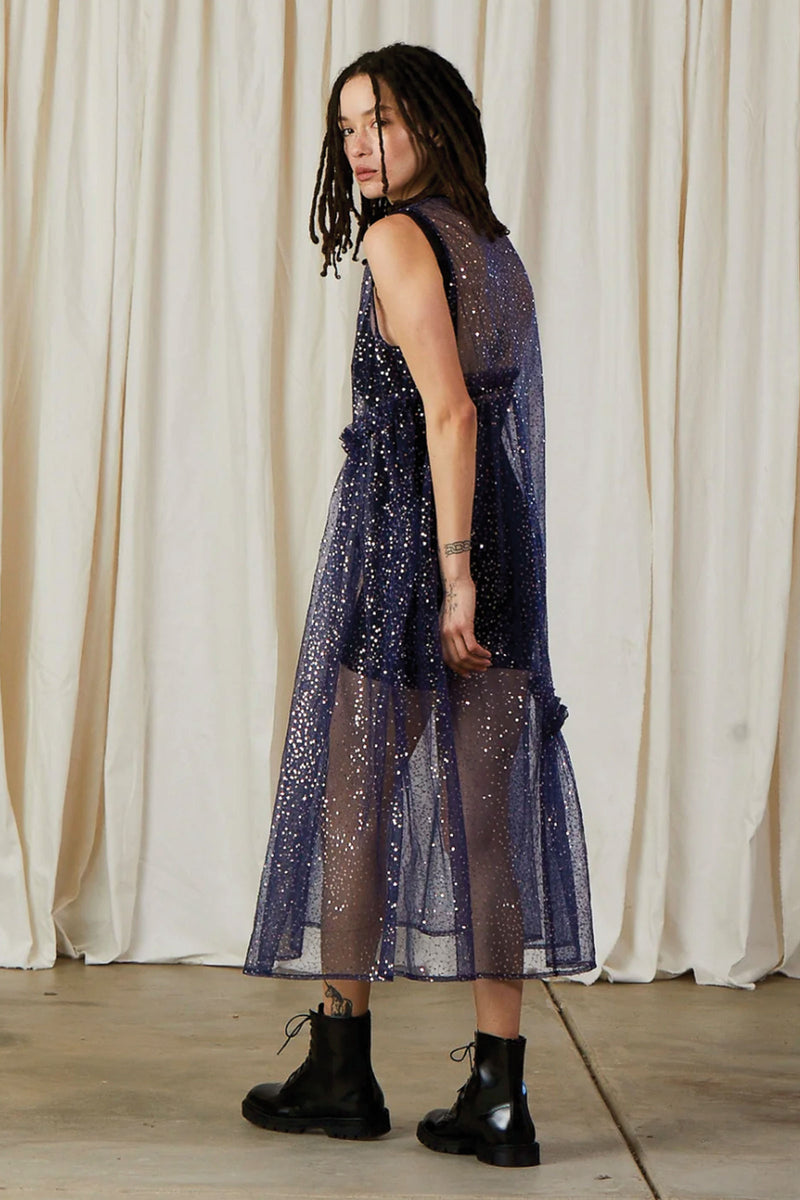 Ali Golden New V-Neck Dress with Ruffles and Blue/Silver Sequins