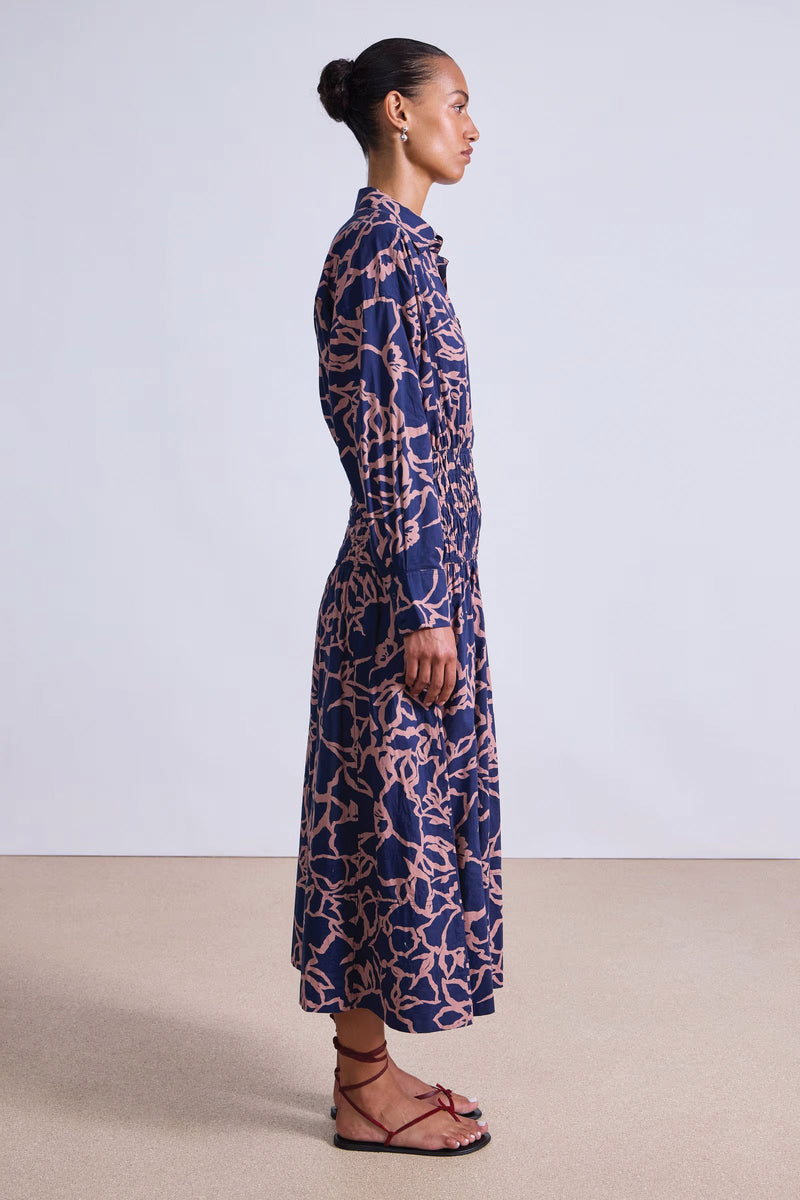 Apiece Apart Sophia Smocked Shirt Dress in Large Lace Floral Navy