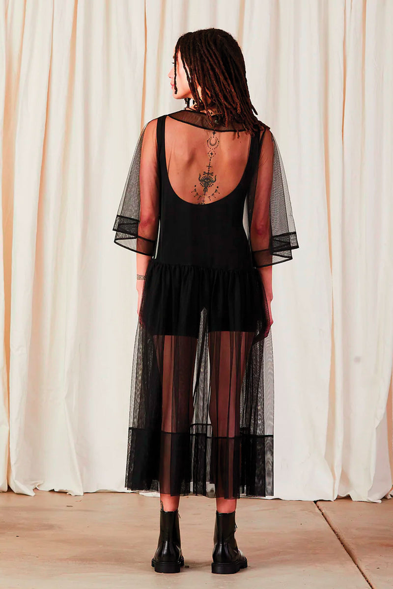 Ali Golden Side Ruffle Mesh Dress in Black