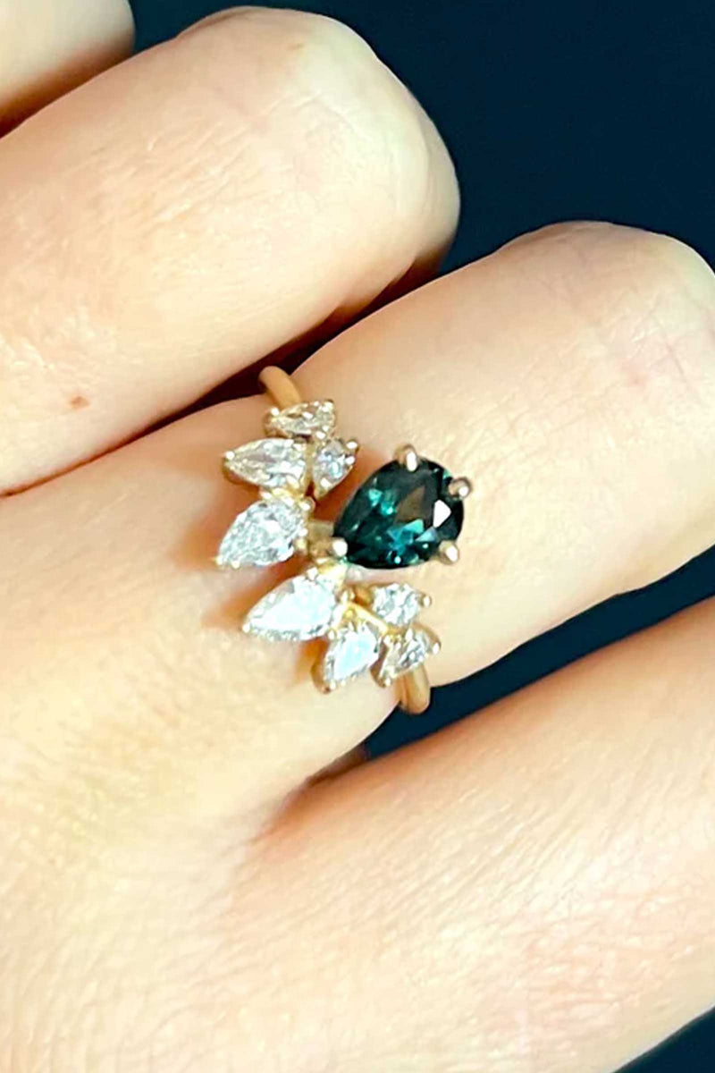 Valley Rose Paradisus Ring with Teal Sapphire and White Diamonds
