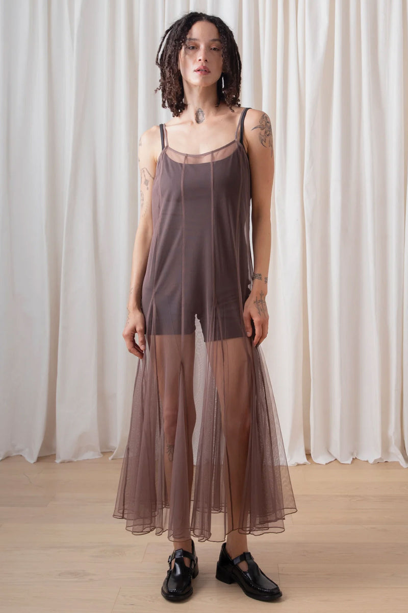 Ali Golden Paneled Mesh Dress in Taupe