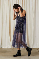 Ali Golden New V-Neck Dress with Ruffles and Blue/Silver Sequins
