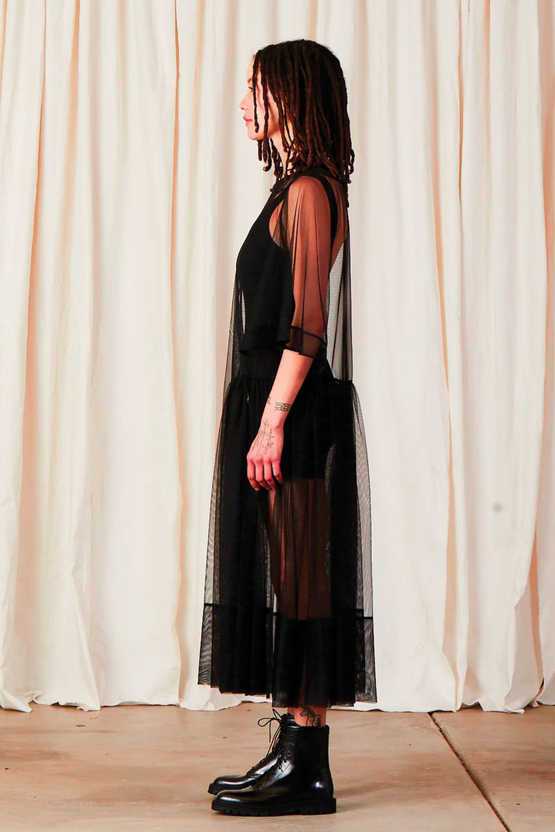 Ali Golden Side Ruffle Mesh Dress in Black