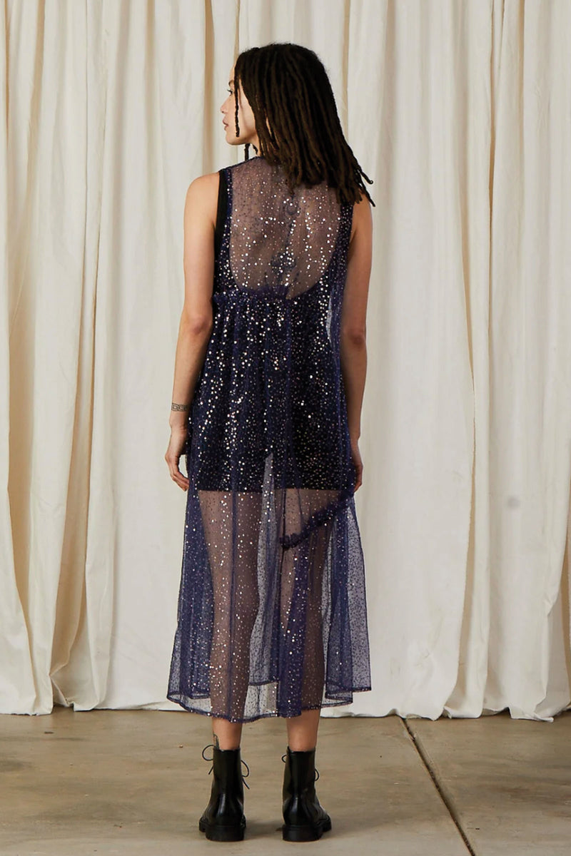 Ali Golden New V-Neck Dress with Ruffles and Blue/Silver Sequins