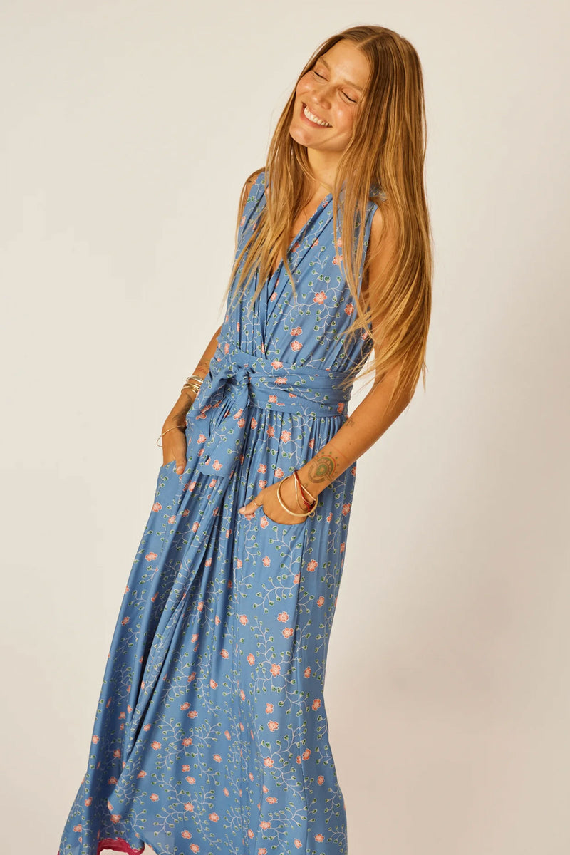 Natalie Martin Nico Sleeveless Maxi with Sash in Pinwheel Denim