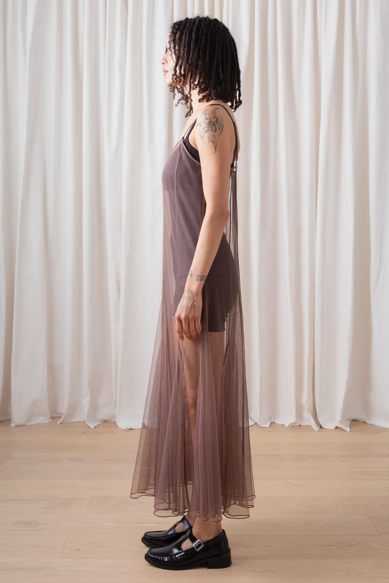 Ali Golden Paneled Mesh Dress in Taupe