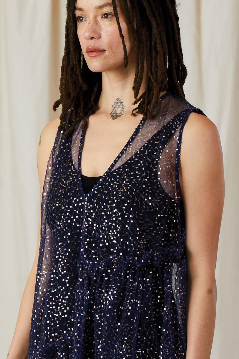 Ali Golden New V-Neck Dress with Ruffles and Blue/Silver Sequins