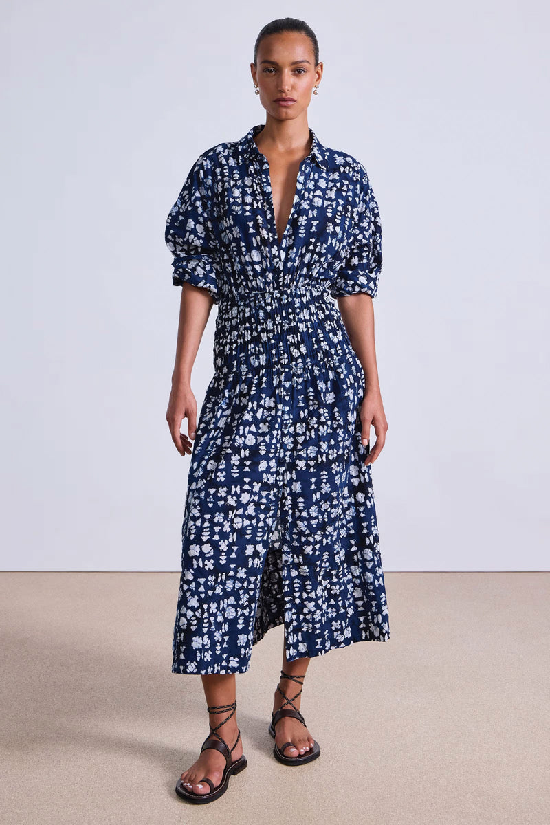 Apiece Apart Sophia Smocked Shirt Dress in Batik Geo Indigo