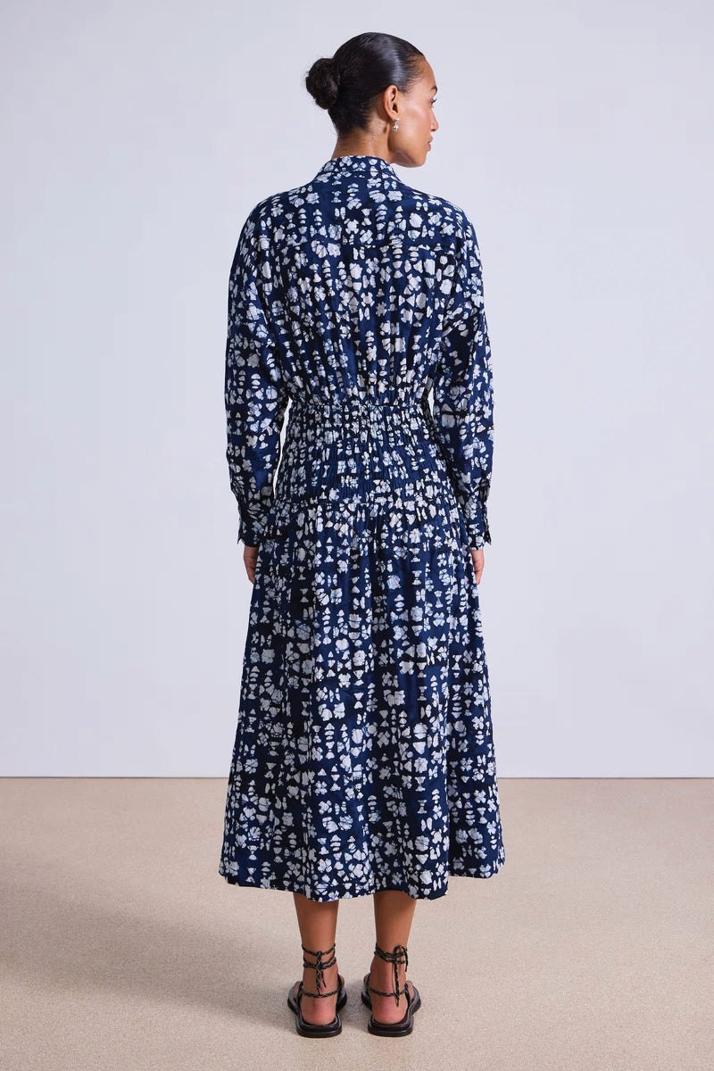 Apiece Apart Sophia Smocked Shirt Dress in Batik Geo Indigo
