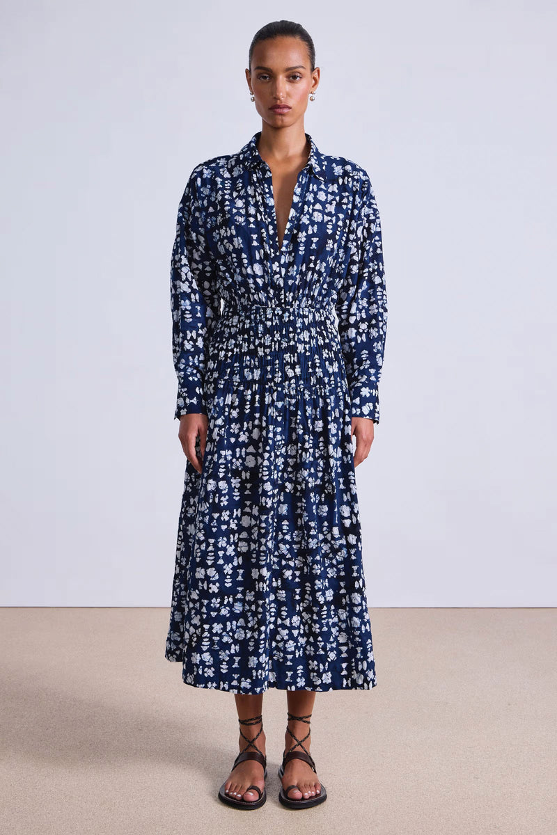Apiece Apart Sophia Smocked Shirt Dress in Batik Geo Indigo