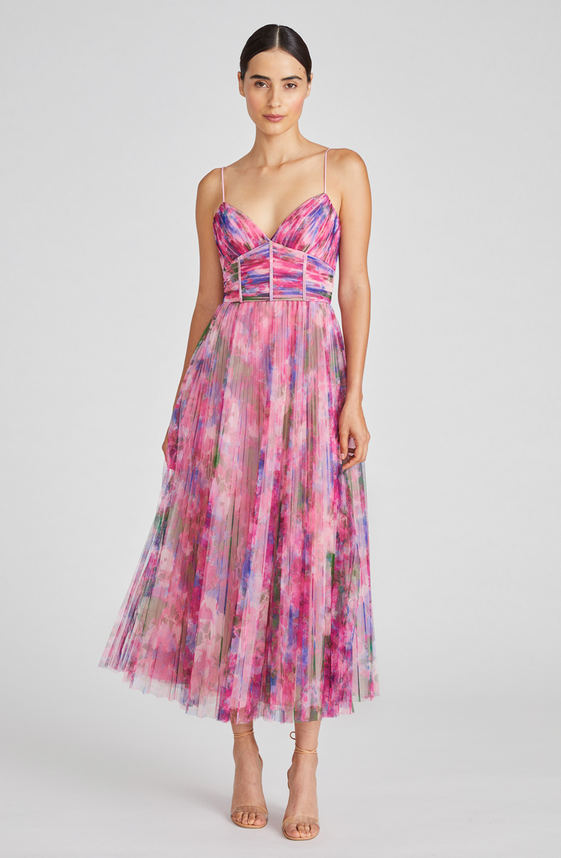 Monique Lhuillier Madison Tulle Midi Dress in Waterlily Floral