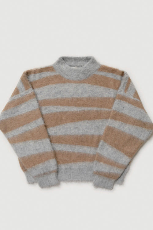 Micaela Greg Brushed Pullover in Camel and Heather Grey Stripe Sweater