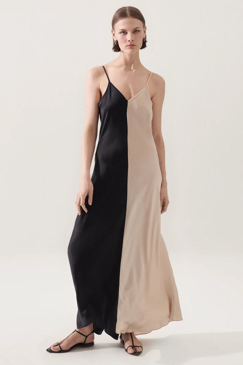 Silk Laundry Two-Tone Dress in Hazelnut and Black