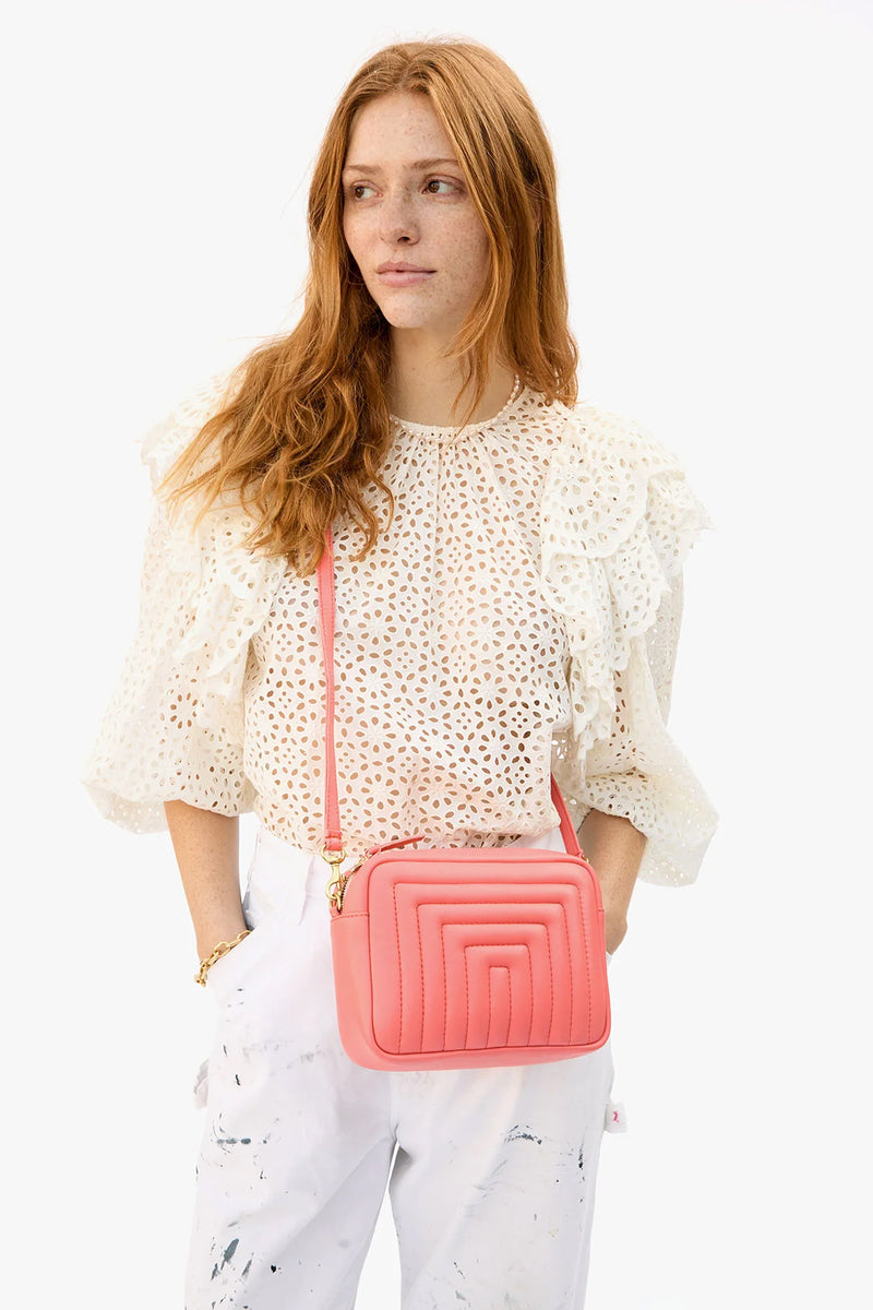 Clare V Midi Sac Channel Quilted Leather in Bright Coral