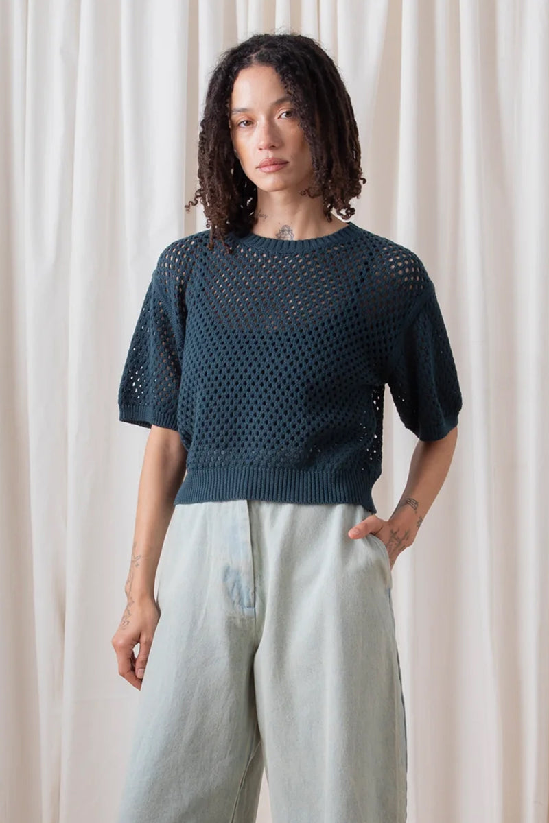 Ali Golden Open Knit T-Shirt in Deep Teal