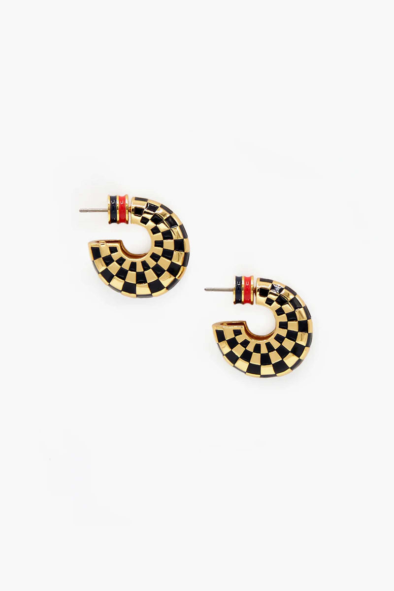 Clare V Le Hoop Checker Earrings in Black & Gold