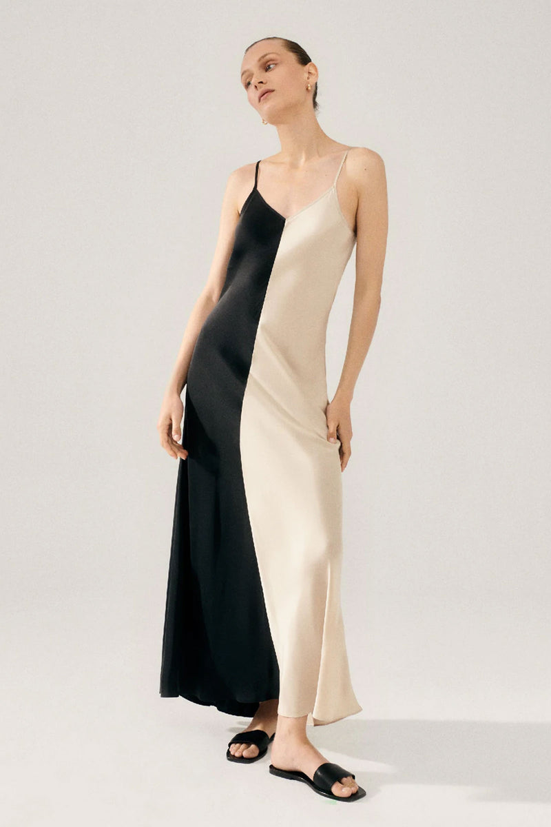 Silk Laundry Two-Tone Dress in Hazelnut and Black